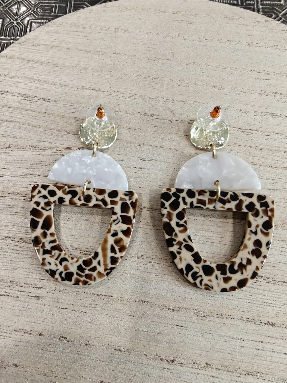 Leopard Pattern Resin Drop Earrings with Pearl Accent - Brown/White